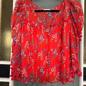 Allison Pom Trim Floral Baby Doll Blouse